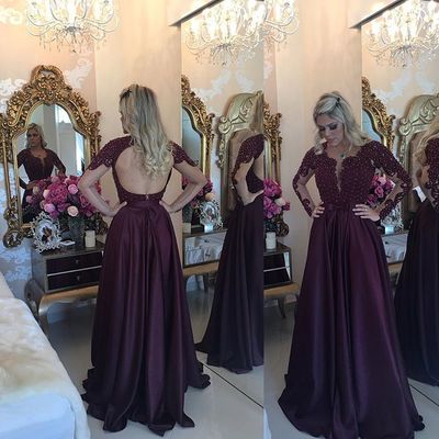 Burgundy Prom Dress New Arrival A-line Long Sleeves Lace Pearls Satin Long Prom Party Dresses Customized Made E356