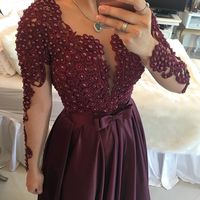 Burgundy Prom Dress New Arrival A-line Long Sleeves Lace Pearls Satin Long Prom Party Dresses Customized Made E356 - Thumbnail 1