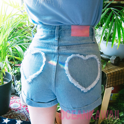 Heart roll hem denim shorts - Thumbnail 5