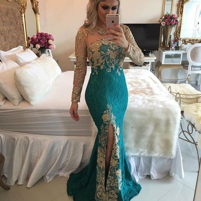Green prom dresses with gold appliques charming long sleeves lace beaded mermaid prom evening long e357