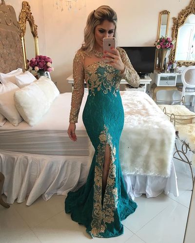Green Prom Dresses With Gold Appliques Charming Long Sleeves Lace Beaded Mermaid Prom Evening Long E357