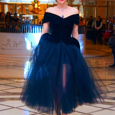 Navy blue velvet prom party dresses fashion off-shoulder  short ankle length prom evening dress e363