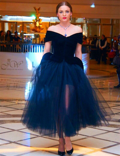 Navy Blue Velvet Prom Party Dresses Fashion Off-shoulder  Short Ankle Length Prom Evening Dress E363