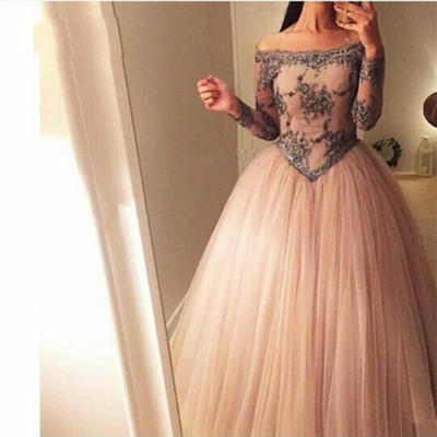 Elegant off-shoulder long sleeves lace beaded crystal ball gown prom evening dresses plus size e367