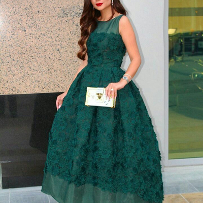 Green lace prom dress elegant o-neck high low ball gown organza lace appliques flowers prom party dresses e375