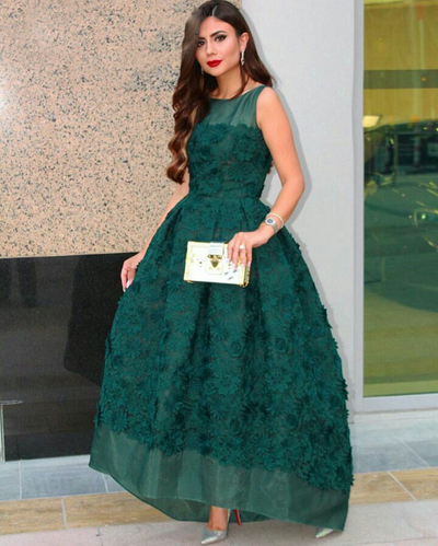 Green Lace Prom Dress Elegant O-neck High Low Ball Gown Organza Lace Appliques Flowers Prom Party Dresses E375