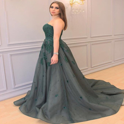 Elegant a-line strapless long lace appliques beaded plus size prom evening dress e377