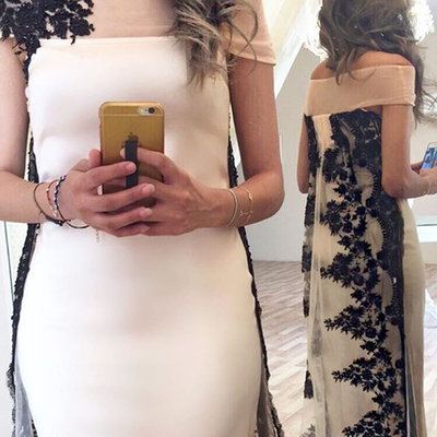 Sexy sheath off-shoulder long prom dress with train plus size black lace evening dress e379