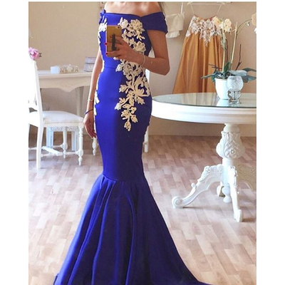Navy Blue Satin Prom Dress Elegant Off-shoulder Short Sleeves Lace Appliques Mermaid Evening Prom Dress E380