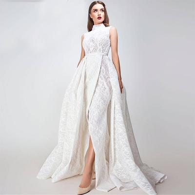 White lace high neck high slit mermaid prom dress fashion prom dress with detachable train e384
