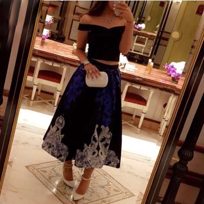 Two piece prom dresses simple a-line off-shoulder satin lace appliques prom party dresses e385