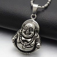 Silver Tone Black Enamel Stainless Steel Laughing Smiling Buddha Pendant w S/S 60CM Chain - Thumbnail 1