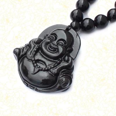 Natural black bian stone carved lucky laughing buddha pendant beads necklace massager 