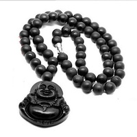 Natural Black Bian Stone Carved Lucky Laughing Buddha Pendant Beads Necklace Massager  - Thumbnail 2