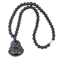 Natural Black Bian Stone Carved Lucky Laughing Buddha Pendant Beads Necklace Massager  - Thumbnail 1