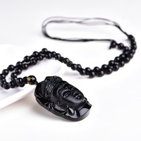  Buddha Guanyin Head Obsidian Pendant Amulet Necklace - Thumbnail 3