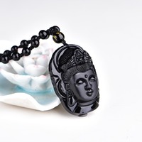  Buddha Guanyin Head Obsidian Pendant Amulet Necklace - Thumbnail 4