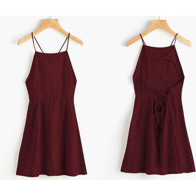 Short burgundy homecoming dresses with criss cross - Thumbnail 5