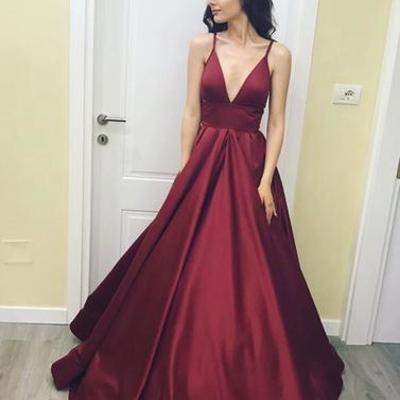 Simple burgundy v neck long prom dress, burgundy evening dress - Thumbnail 4