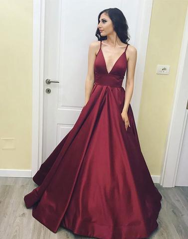 Simple burgundy v neck long prom dress, burgundy evening dress