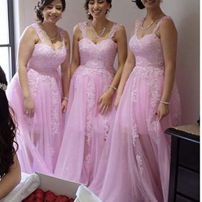 Pink long straps bridesmaid dresses with appliques lace - Thumbnail 5