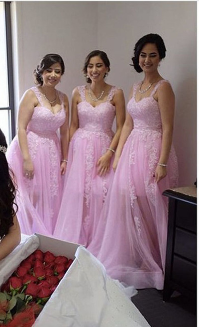 Pink Long Straps Bridesmaid Dresses with Appliques Lace