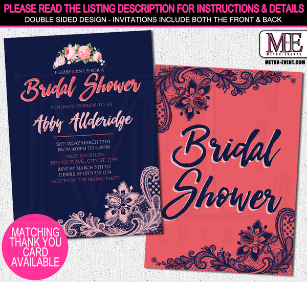 Navy & Coral Bridal Shower Invitations