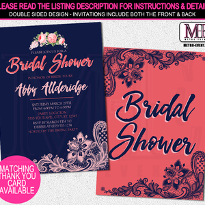 Navy & Coral Bridal Shower Invitations