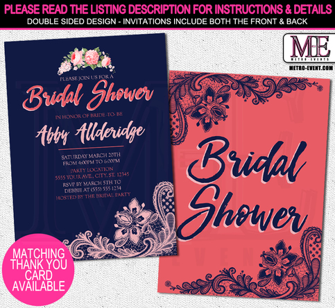 Navy & Coral Bridal Shower Invitations