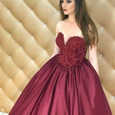 Burgundy strapless v neck long prom dress, burgundy evening dress - Thumbnail 4