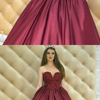 Burgundy strapless v neck long prom dress, burgundy evening dress - Thumbnail 2