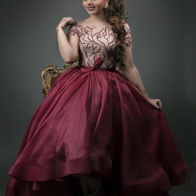 High low prom dresses elegant o-neck cap sleeves organza embroidery beaded arabic prom party dress e387
