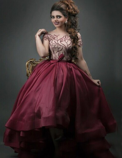 High Low Prom Dresses Elegant O-neck Cap Sleeves Organza Embroidery Beaded Arabic Prom Party Dress E387