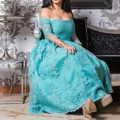 New arrival blue lace appliques prom evening dress plus size off-shoulder short ankle length prom dresses e390