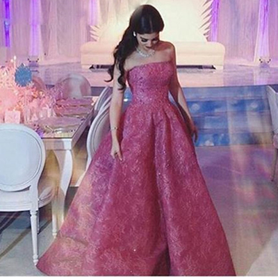 Elegant a-line strapless long lace crystal beaded prom evening dresses plus size formal dress e391