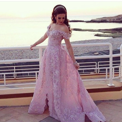 Pink Lace Long Evening Prom Dresses Elegant Off-shoulder Appliques Beaded Crystal Prom Party Dresses E392