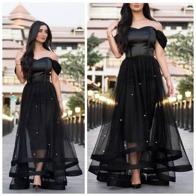 Black Prom Dresses Elegant Off-shoulder Satin Edge Peals Long Prom Party Dress E403