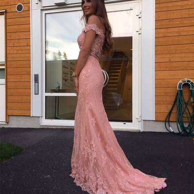 Elegant off-shoulder sweetheart long lace appliques beaded crystal prom evening dresses plus size formal dress e410