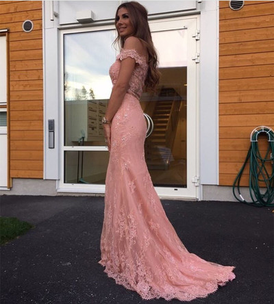 Elegant Off-shoulder Sweetheart Long Lace Appliques Beaded Crystal Prom Evening Dresses Plus Size Formal Dress E410