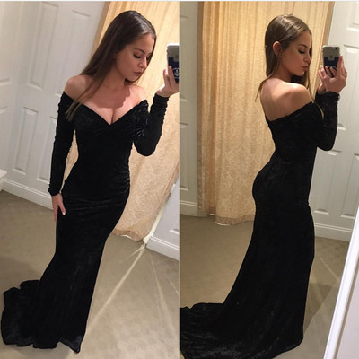 Velvet prom dresses sexy v-neck off-shoulder long sleeves mermaid prom party dresses e411