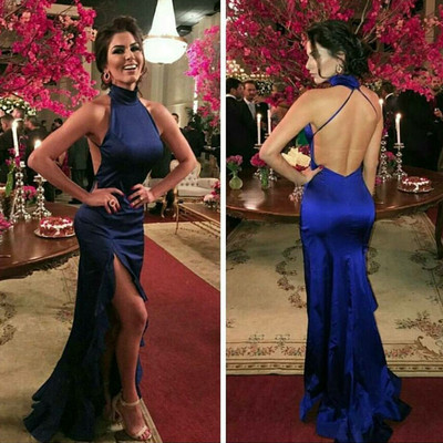 Royal Blue Prom Dresses Sexy High Neck Backless High Slit Mermaid Prom Party Dresses Customized Made E412