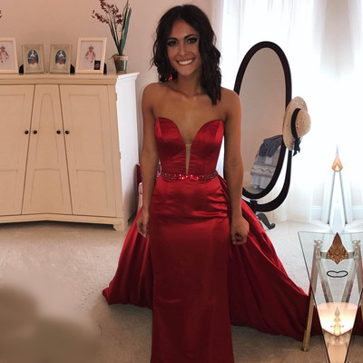 Simple sweetheart red satin long mermaid detachable skirt prom dress e413