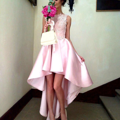 Pink prom dress elegant front short back long satin appliques beaded prom party dresses e414