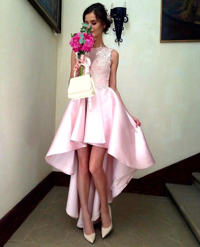 Pink Prom Dress Elegant Front Short Back Long Satin Appliques Beaded Prom Party Dresses E414