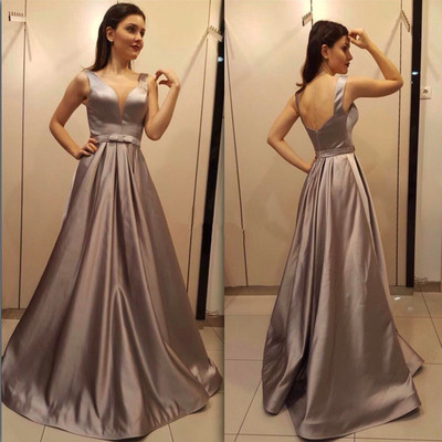 Simple A-line V-neck Satin Long Prom Dress Gray Backless Plus Size Evening Dress With Bow E415