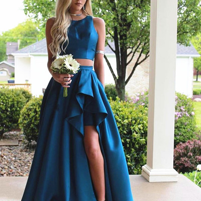 Two piece prom dress elegant o-neck long satin high low prom evening dress e416