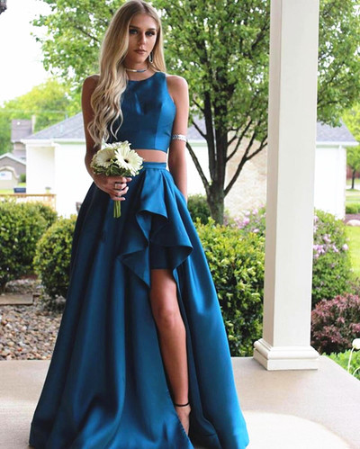 Two Piece Prom Dress Elegant O-neck Long Satin High Low Prom Evening Dress E416