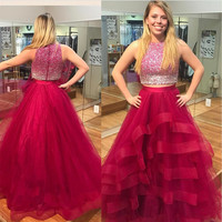 Two Piece Prom Dresses Luxury Sparkly Beaded Crystal Ruffles A-line Prom Party Evening Dresses E417 - Thumbnail 1