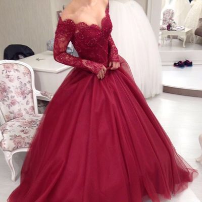 Long sleeves lace evening dress elegant o-neck ball gown crystal beaded red prom dress e422