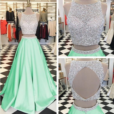 Two piece prom dresses luxury beaded crystal sequins sleeveless a-line satin prom evening dress e423